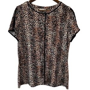 Calvin Klein Leopard Print Slit Sleeves Black Piping Blouse Stretch Career Sz XL